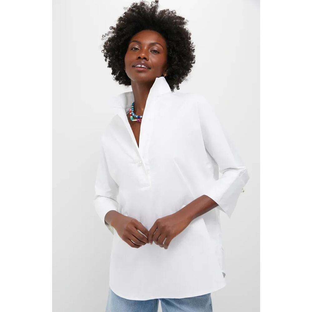 Tuckernuck Blac Tunic Top Womens XS White Collared 3/4 Sleeve Pearl Button Shirt
